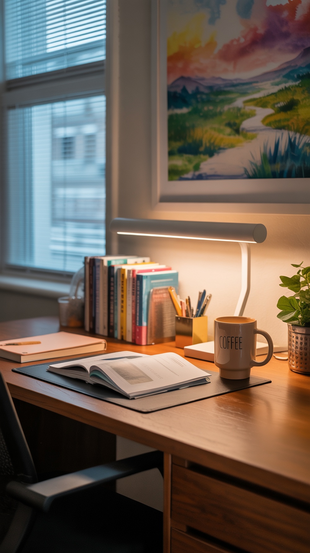 A cozy study space with a wooden desk, laptop, colorful stationery, and motivational wall art.