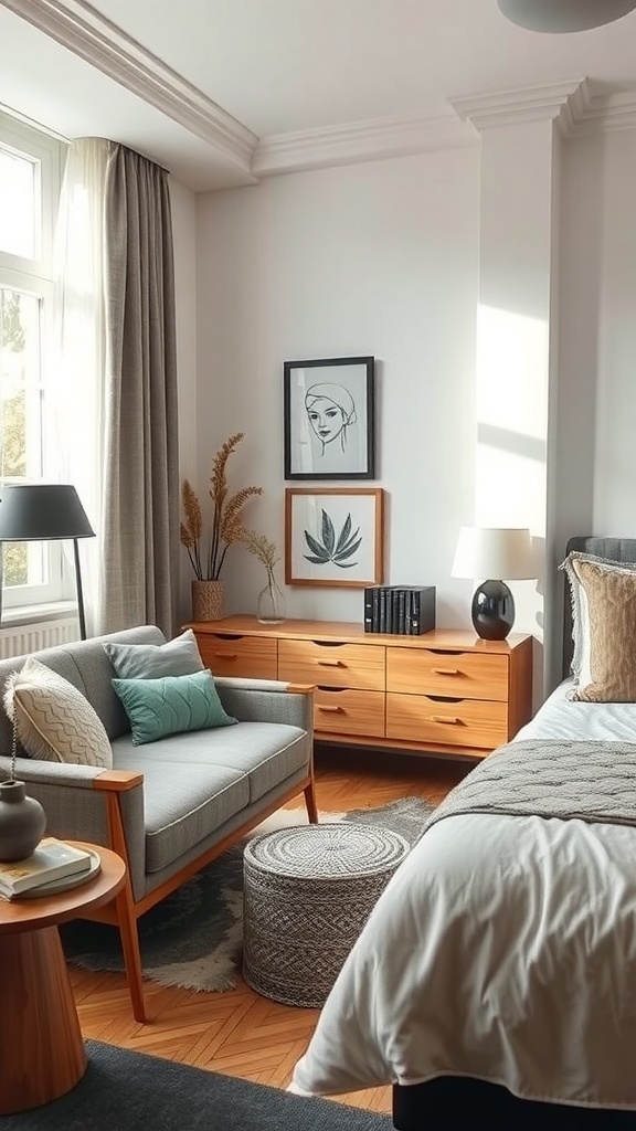 A cozy bedroom featuring a gray sofa, wooden dresser, and decorative artwork.
