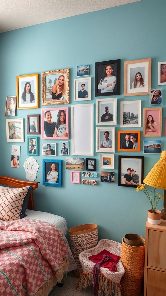 A gallery wall of personal photos in a dorm room, featuring various framed pictures in different styles and colors.