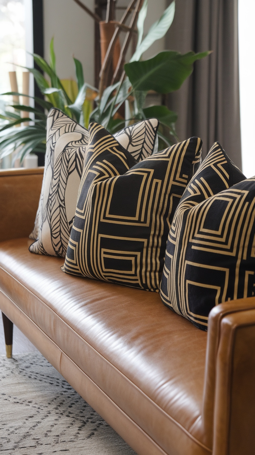 A stylish sofa with geometric patterned throw pillows in black and gold.