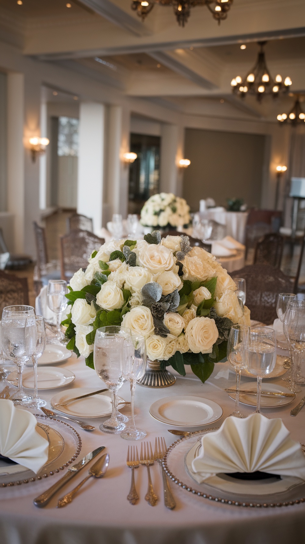 A beautifully arranged dining table centerpiece featuring white roses and greenery, set in an elegant dining space.