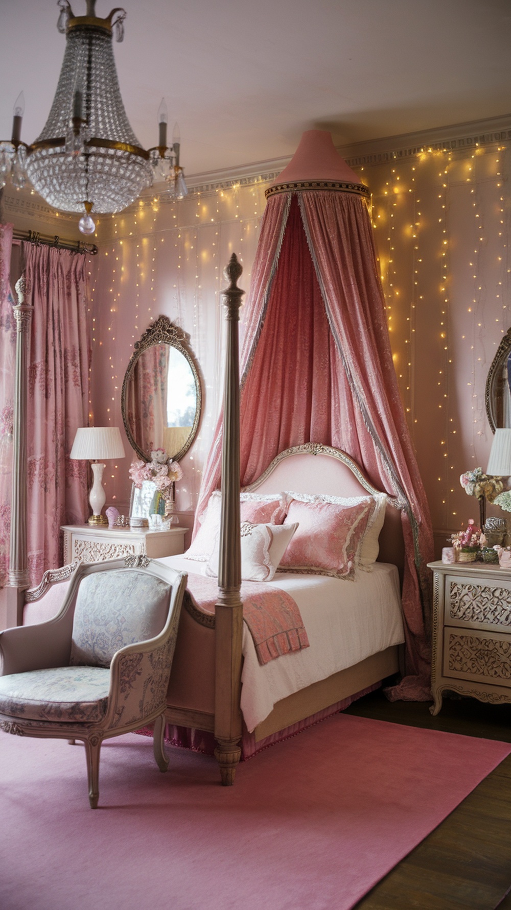 A vintage princess bedroom featuring a pink color scheme, a four-poster bed with drapes, fairy lights, and elegant decor.