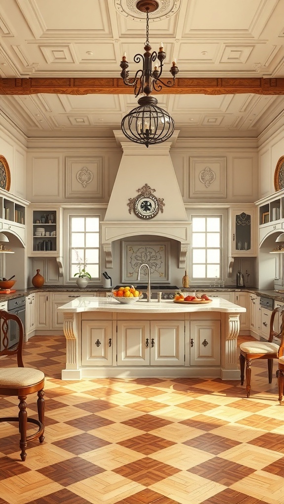 A grand Victorian kitchen featuring a central island with a smooth countertop, elegant cabinetry, and intricate wooden flooring.