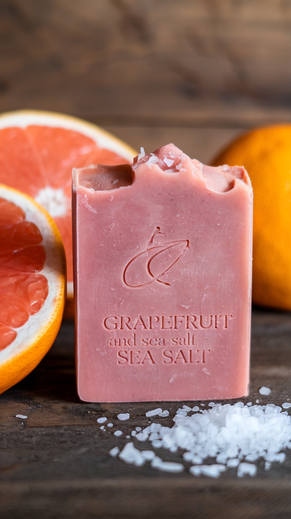 A grapefruit and sea salt soap bar with fresh grapefruit slices and sea salt around it.