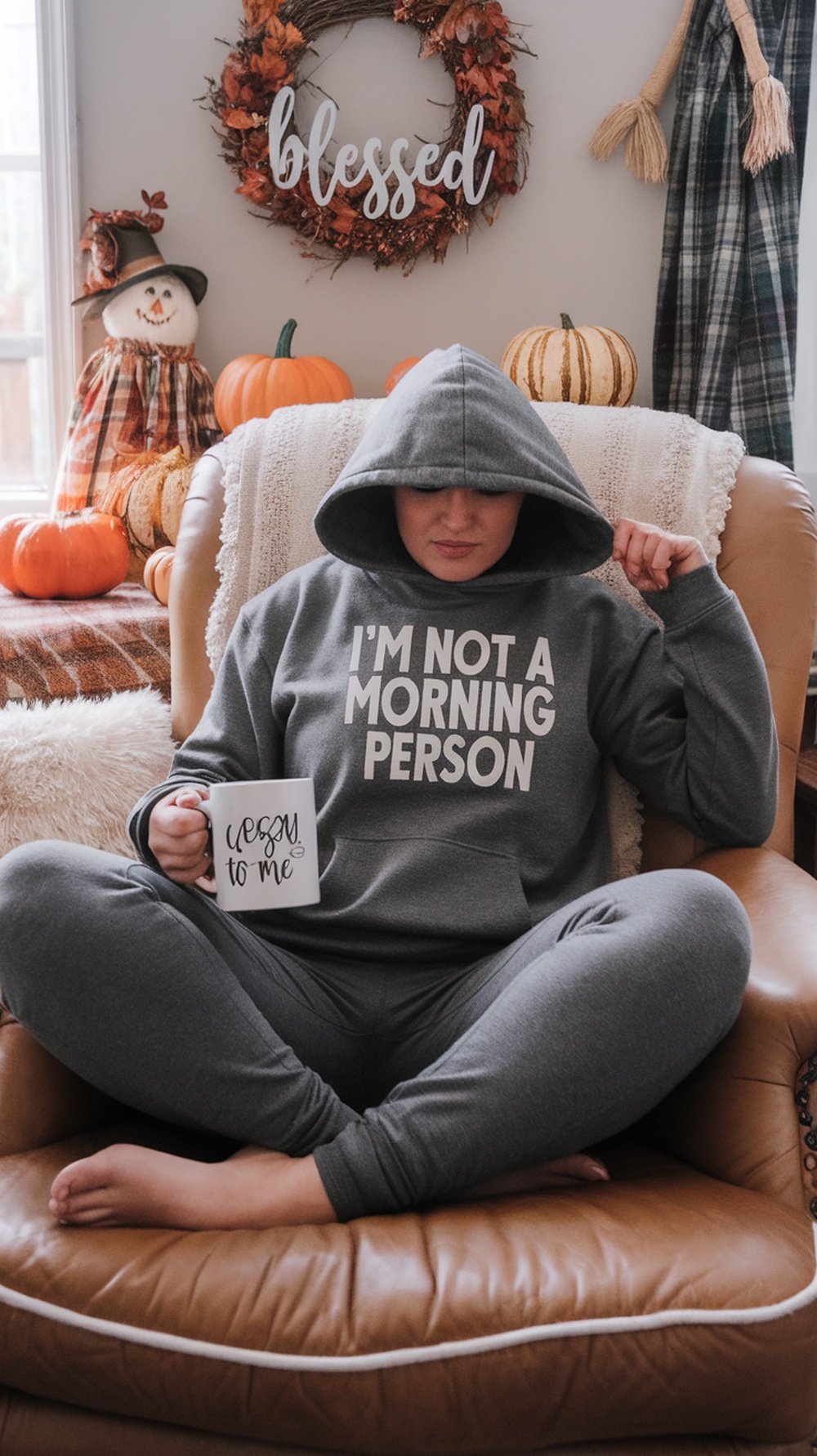 A person wearing a graphic hoodie and joggers, sitting in a cozy living room decorated for autumn.