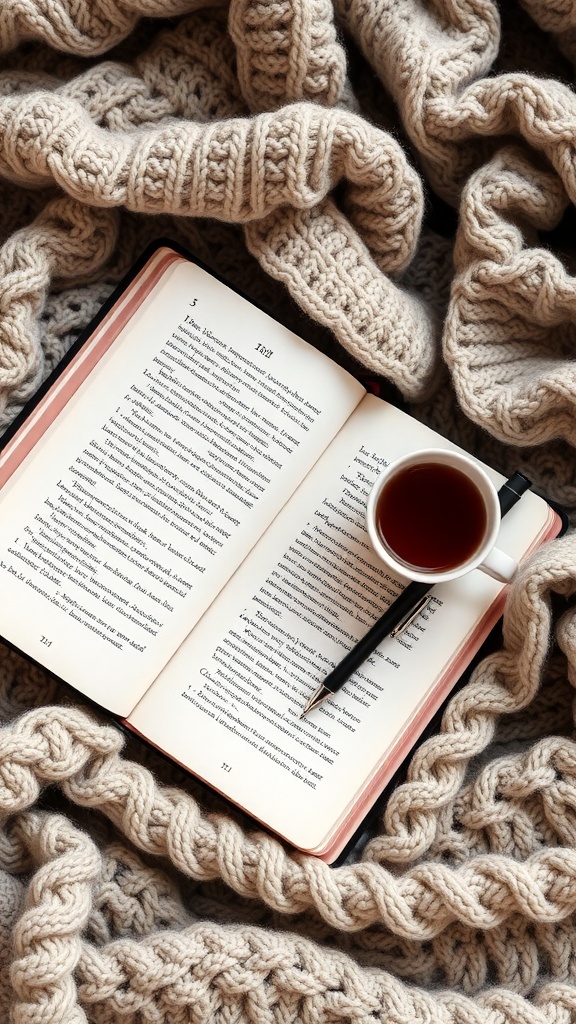 A cozy scene featuring an open journal with gratitude entries, a cup of tea, and a soft blanket.