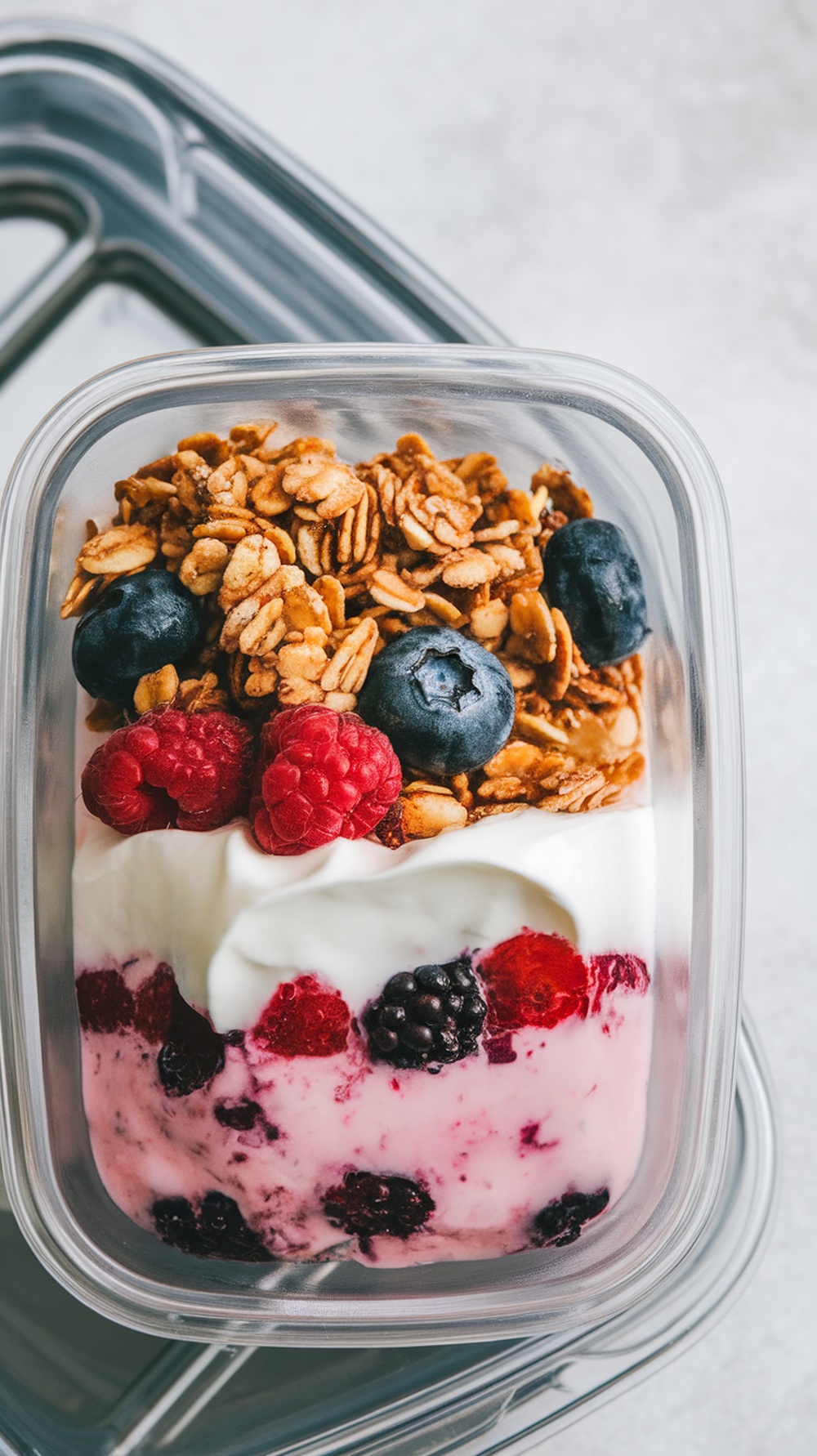 A Greek yogurt parfait with layers of yogurt, berries, and granola in a clear container.