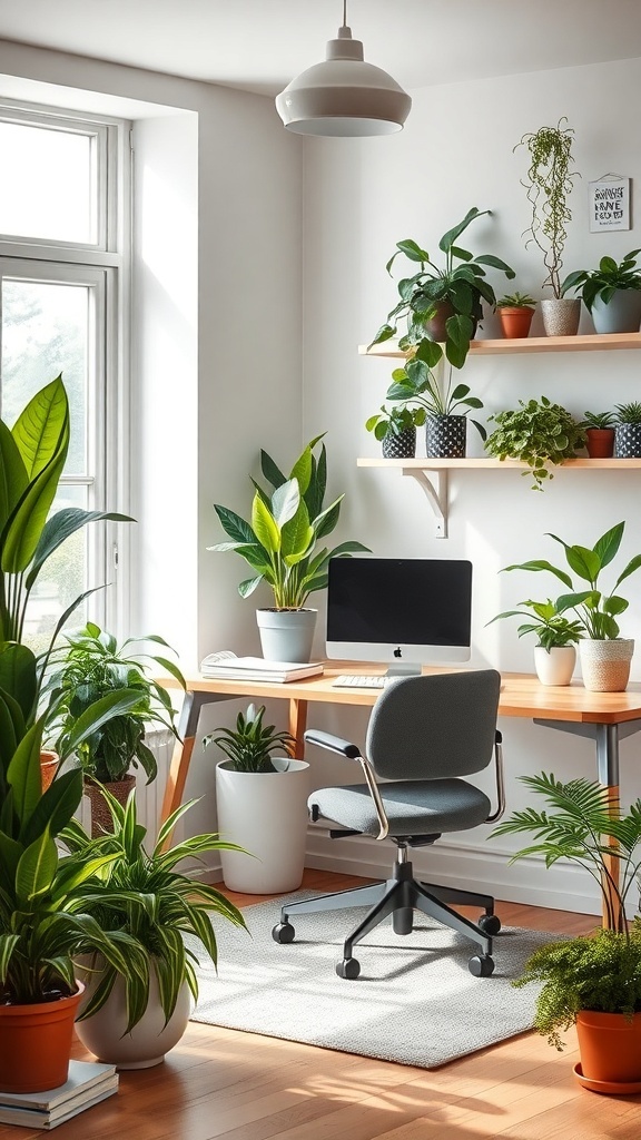 A bright home office with a desk, computer, and various plants in pots.