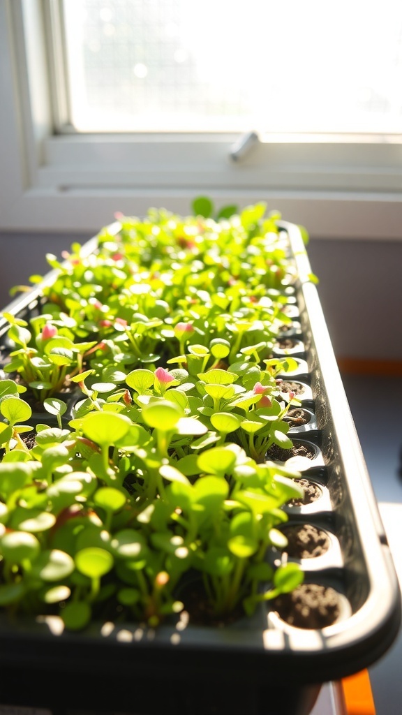 A tray of vibrant microgreens growing in sunlight by a window.