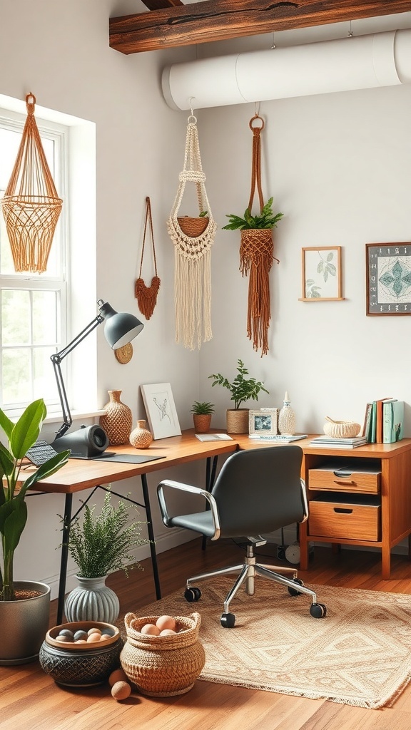 A cozy boho office with handcrafted decor elements like macramé plant hangers and woven baskets.