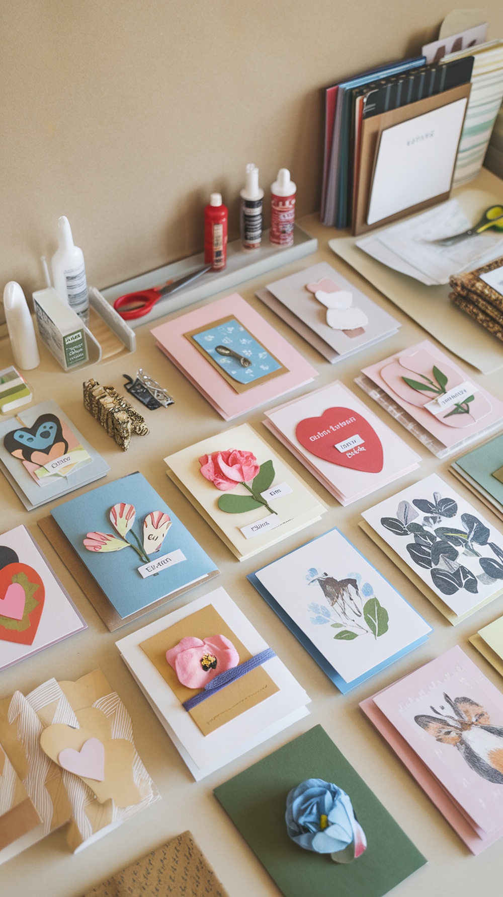 A variety of handmade greeting cards displayed on a table, featuring colorful designs and craft supplies.