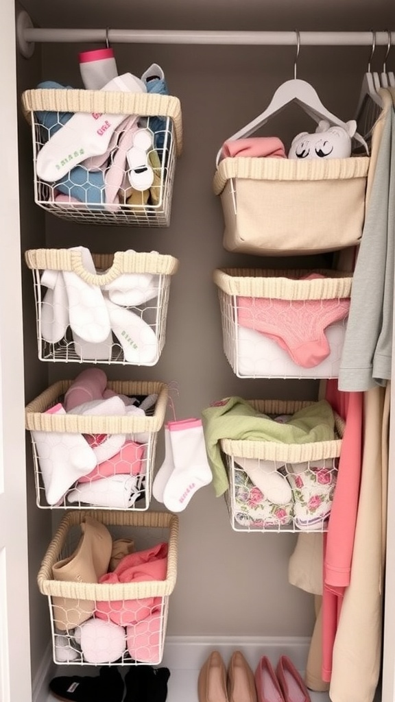 A well-organized closet featuring hanging baskets for small items, showcasing a mix of clothing and accessories.