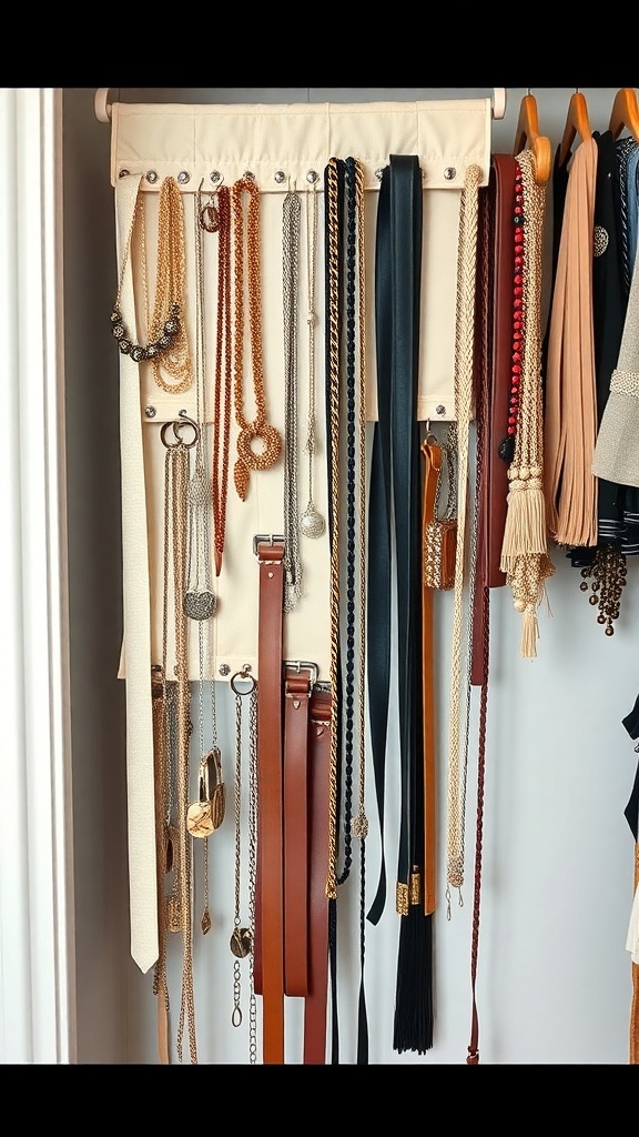 A hanging organizer displaying various necklaces and belts in a closet.