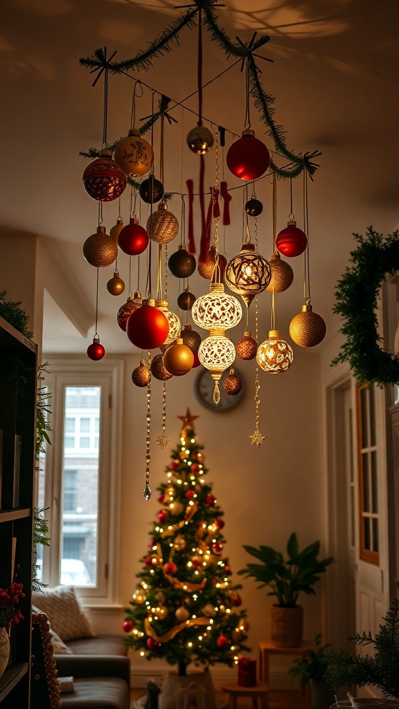 A cozy room decorated for Christmas with hanging ornaments from the ceiling and a small tree in the corner.