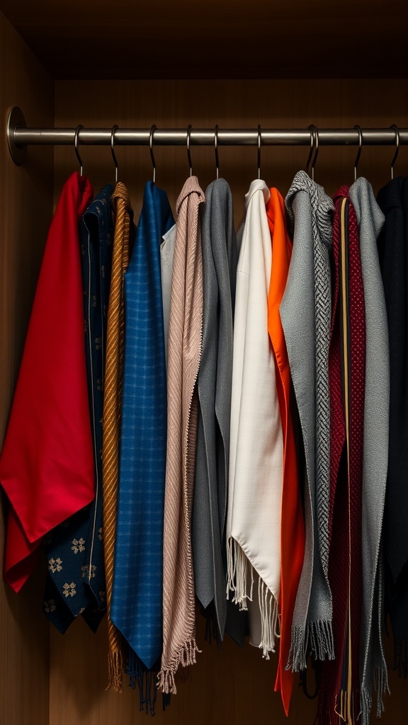 A hanging rod displaying various scarves in different colors and patterns.