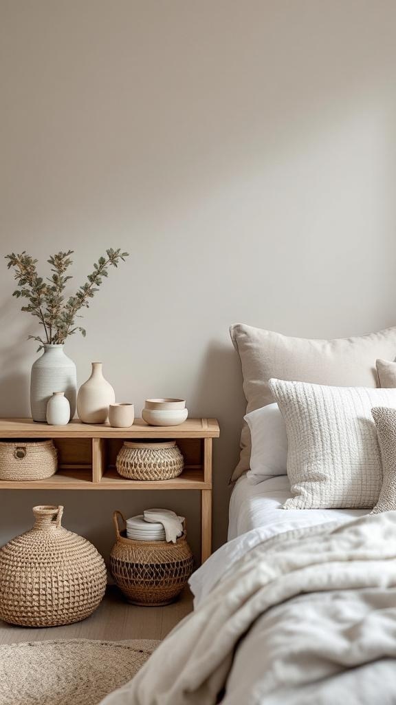 A serene Japandi bedroom featuring a low bed with soft linens, natural decor accents like pottery and woven baskets, and a calming color palette.