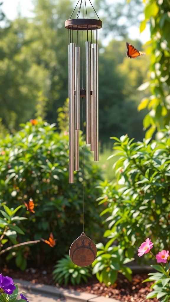 A serene garden with a wind chime, colorful flowers, and butterflies fluttering around.