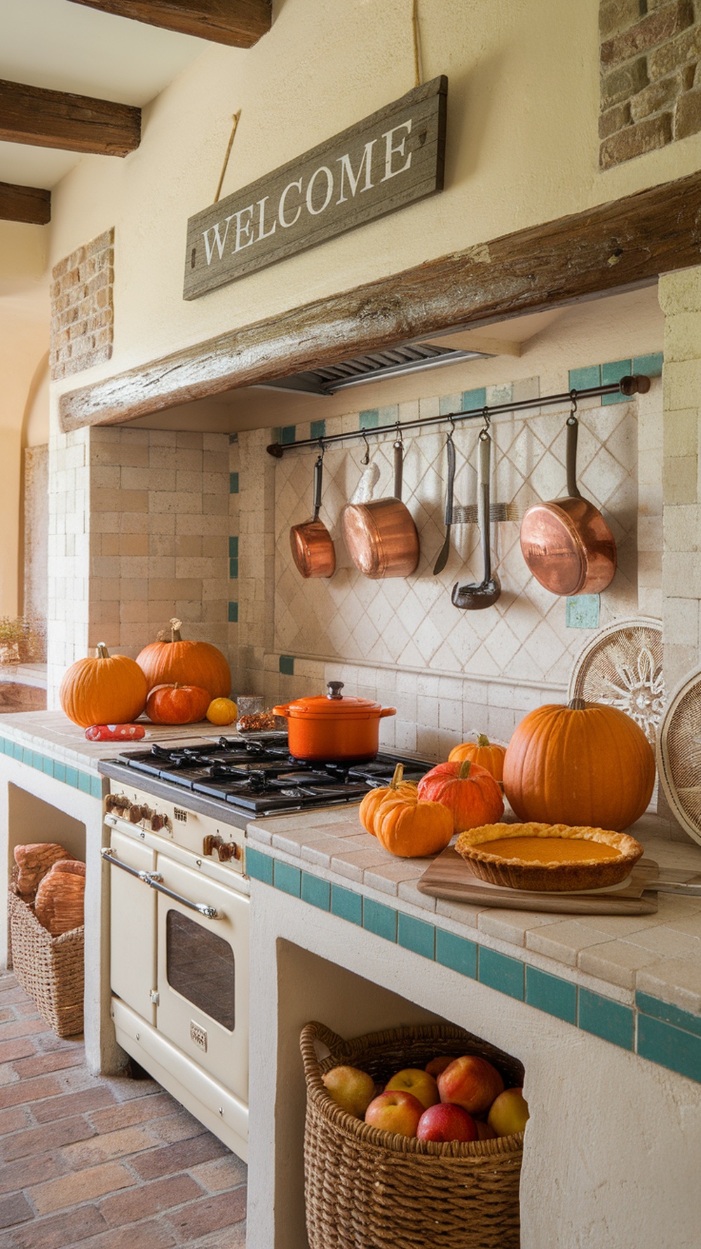 A cozy kitchen decorated with pumpkins, apples, and a pumpkin pie, featuring copper pots and a welcome sign.