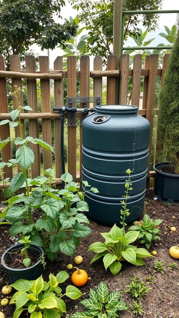 A rain barrel in a garden surrounded by various plants