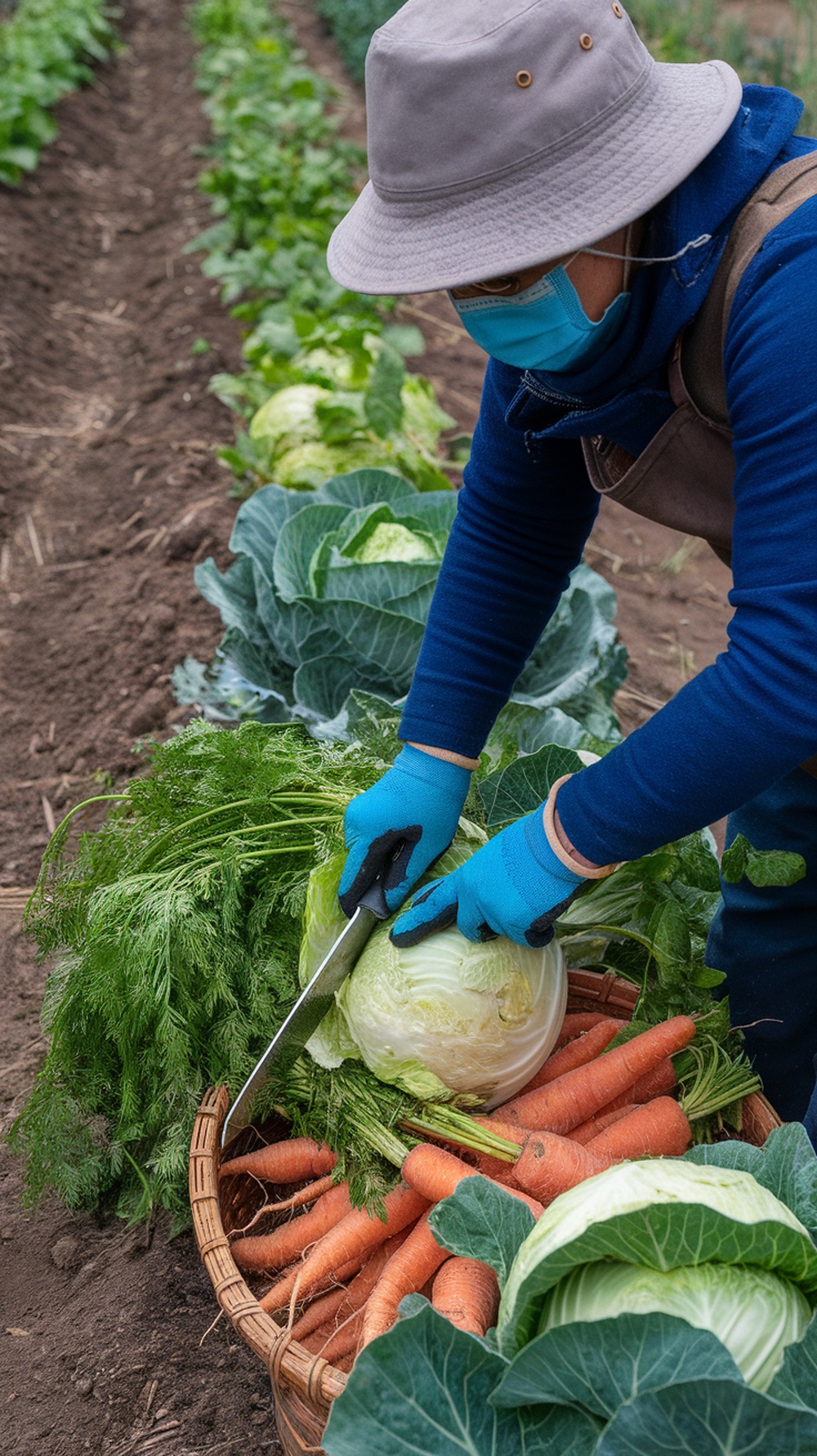 A gardener harvesting fresh vegetables from a garden, including cabbages and carrots.