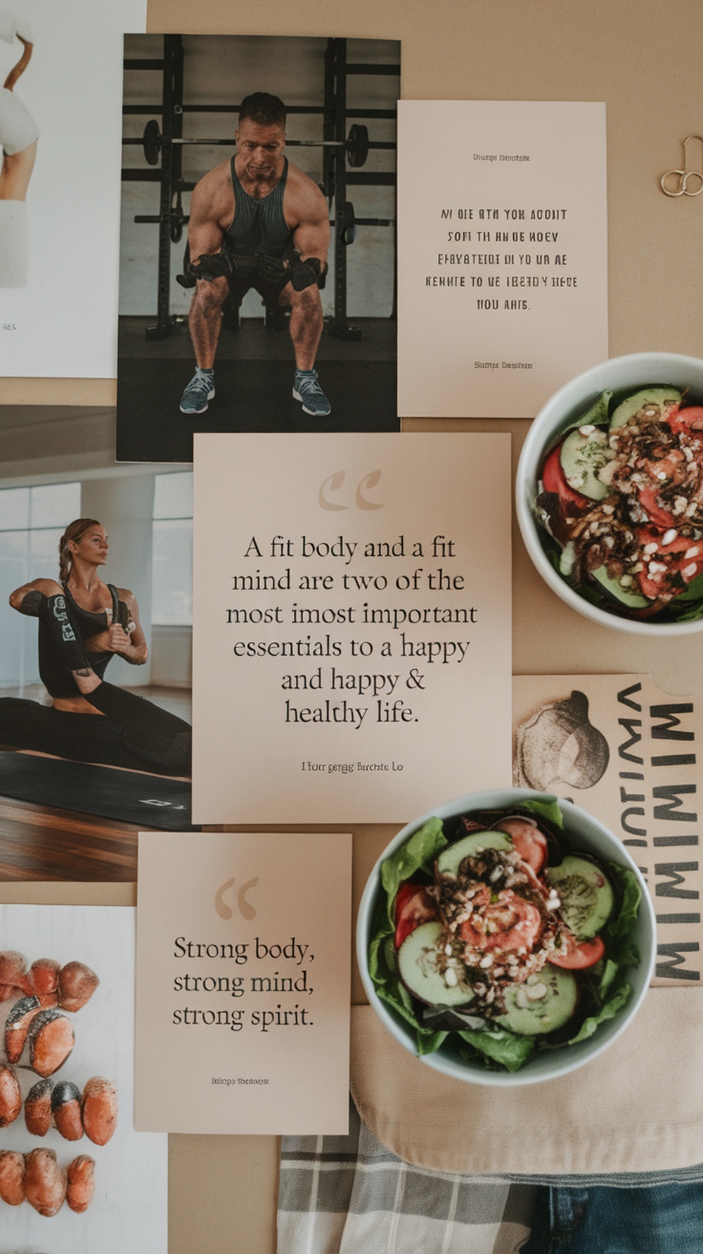 A vision board featuring fitness milestones with images of a person lifting weights, healthy meals, and motivational quotes.
