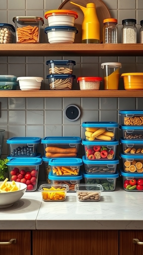 Organized kitchen shelf with colorful containers filled with fruits, vegetables, and snacks for meal prep.