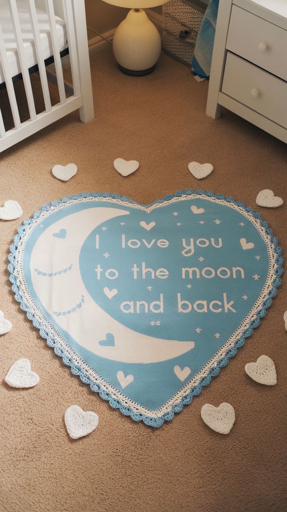 A heart-shaped baby blanket with a blue design and the text 'I love you to the moon and back', surrounded by small crocheted hearts.