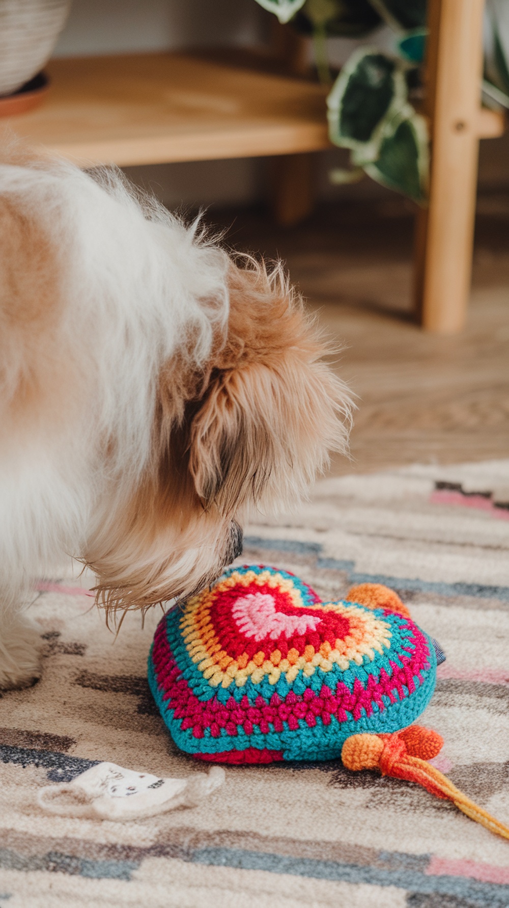 A dog sniffing a colorful heart-shaped crocheted pet toy on a rug.
