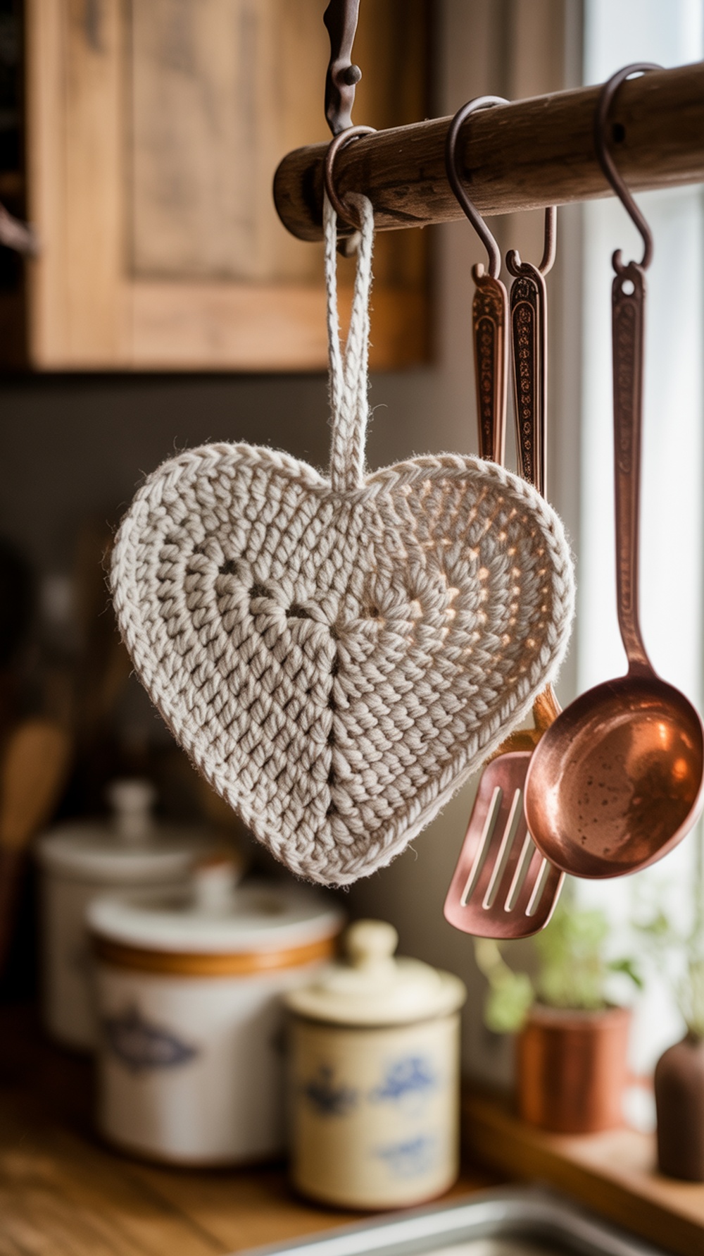A heart-shaped crochet potholder hanging on a kitchen fridge with a wooden spoon resting on it.