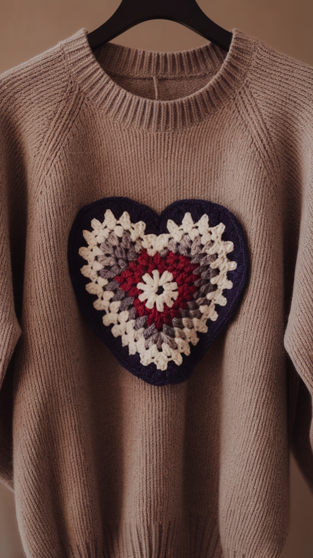 A cozy sweater with a colorful crocheted heart appliqué on the front.