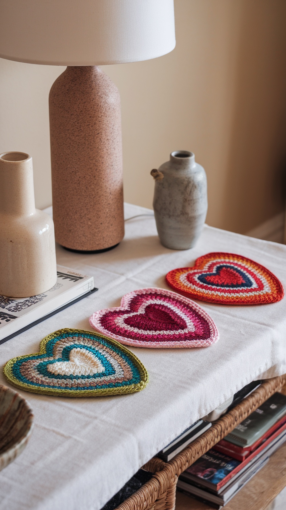 A set of colorful crochet heart coasters displayed on a table with a lamp and decorative vases.