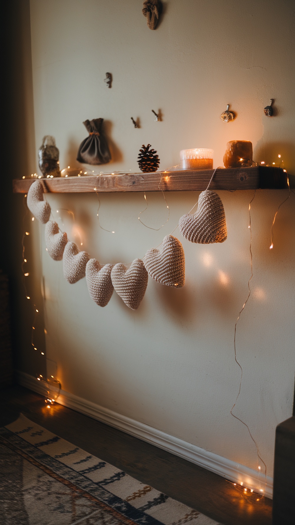 Crocheted heart garland displayed on a wooden shelf with fairy lights