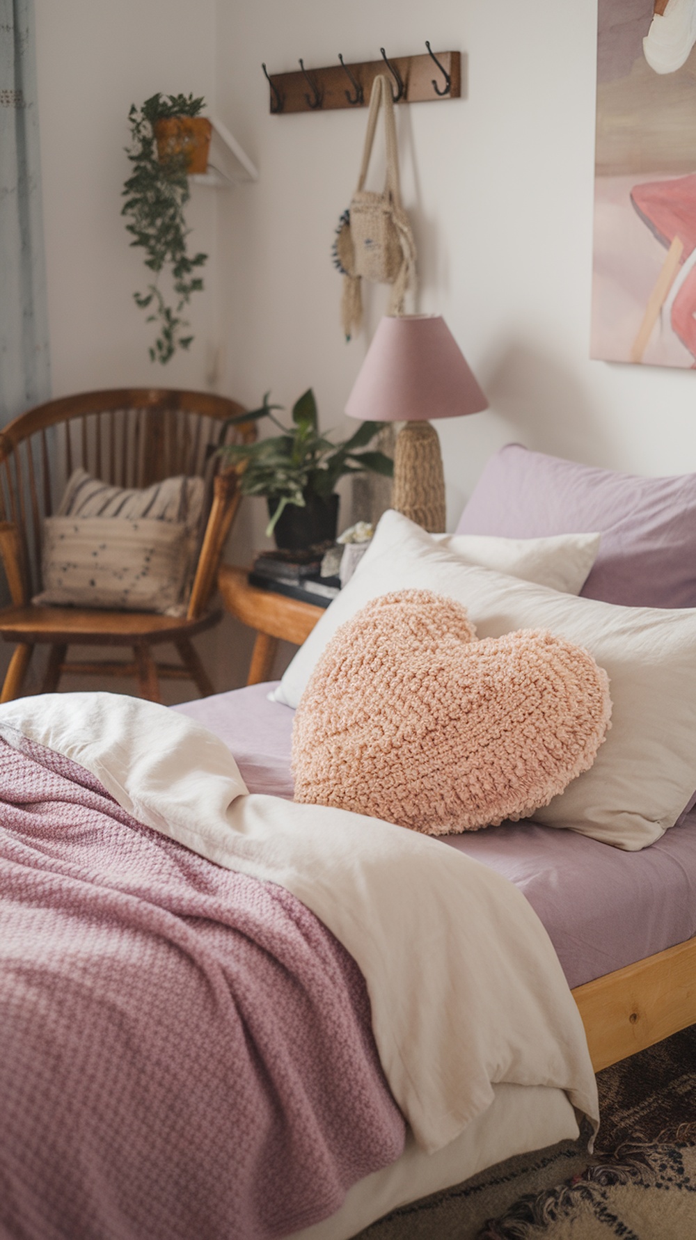 A cozy heart-shaped pillow on a bed with soft bedding and a warm atmosphere.