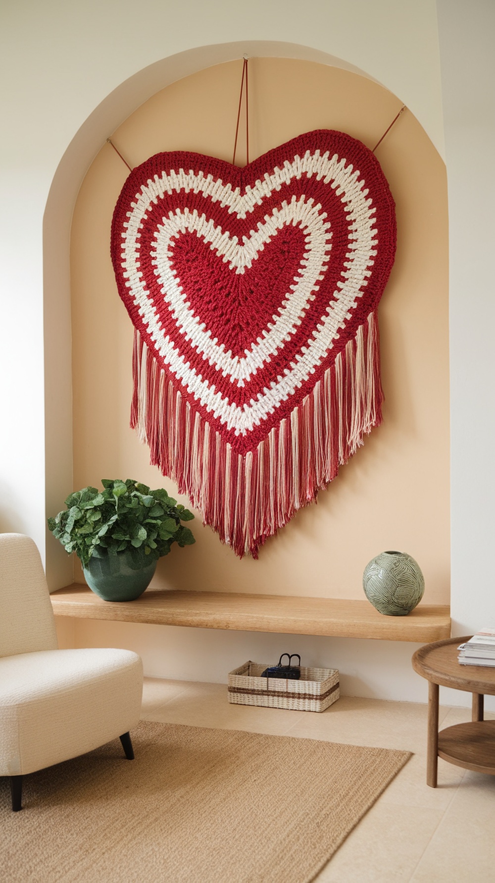 A large heart-shaped crochet wall hanging in red and white, with fringes, displayed on a wall next to a plant and a chair.