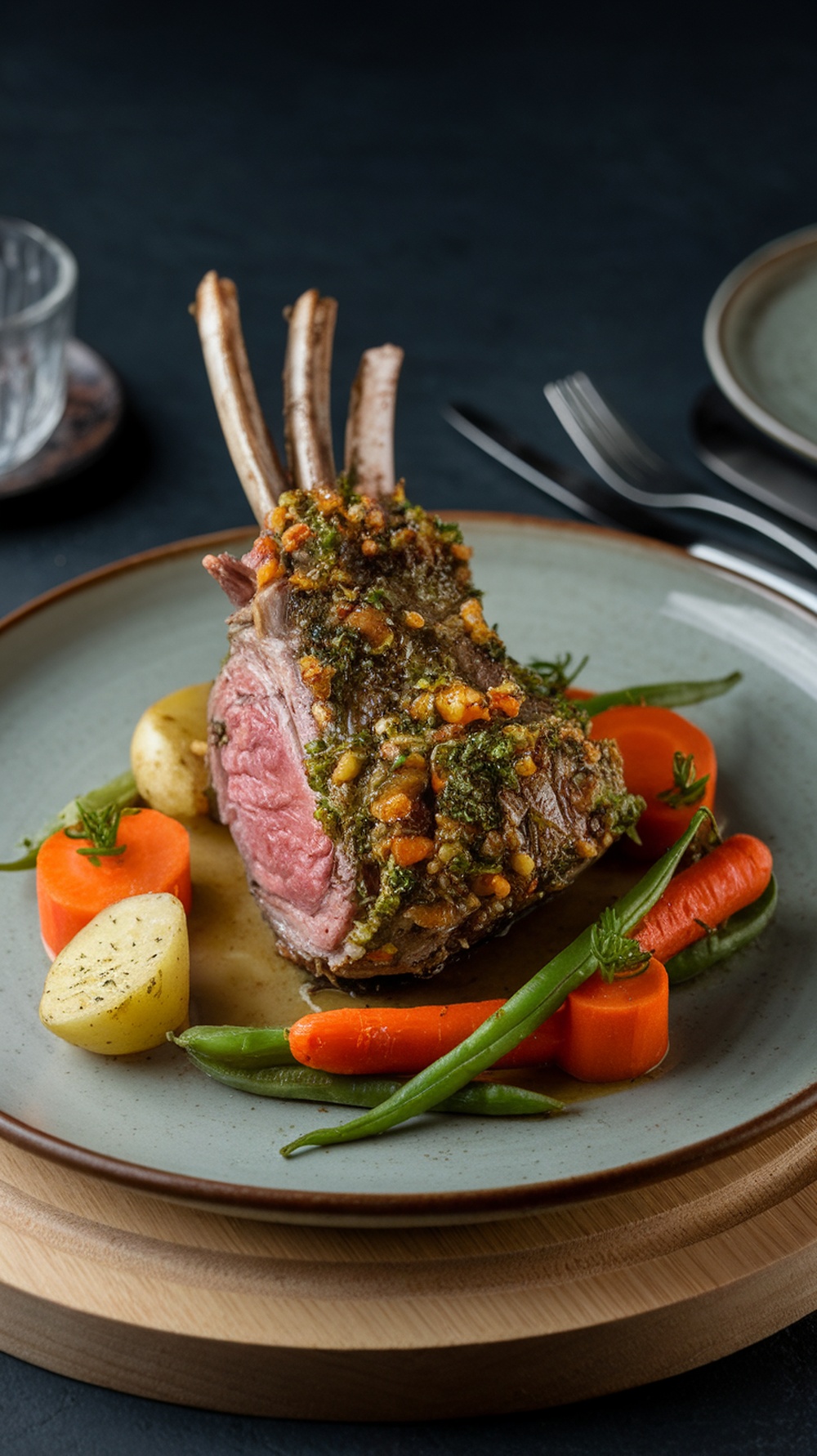 A beautifully plated herb-crusted rack of lamb with colorful vegetables.