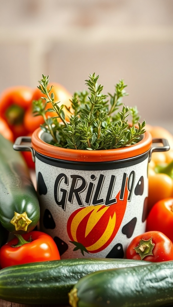 A container filled with fresh herbs like thyme, rosemary, and cilantro, surrounded by colorful bell peppers and zucchini, set against a dark background.