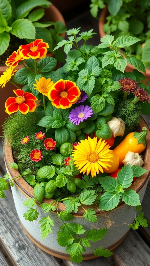 A colorful container garden featuring herbs and edible flowers, including cilantro, nasturtiums, and petunias, with small pumpkins.