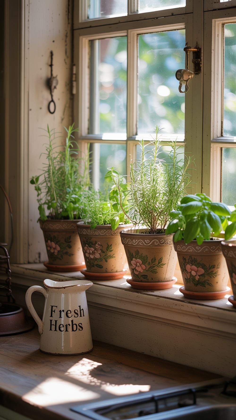 A collection of potted herbs on a windowsill, showcasing a variety of plants in rustic containers.