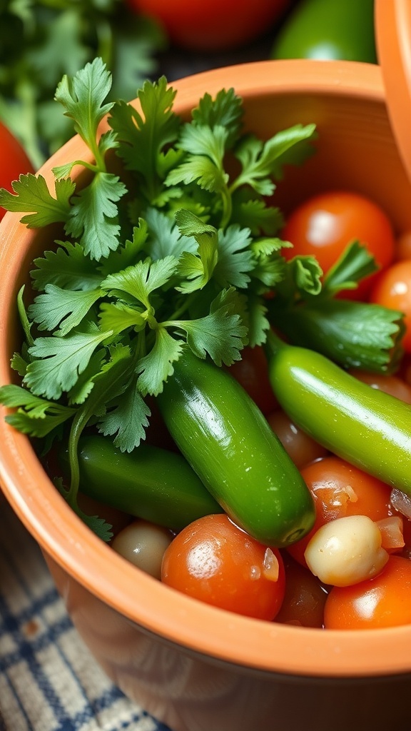 A terracotta bowl filled with cherry tomatoes, jalapeños, and fresh cilantro, perfect for making salsa.