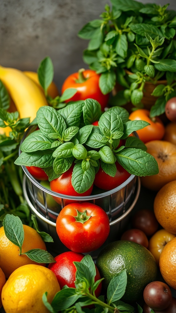 A vibrant display of fresh herbs and colorful fruits, including basil, tomatoes, and citrus fruits, arranged together.