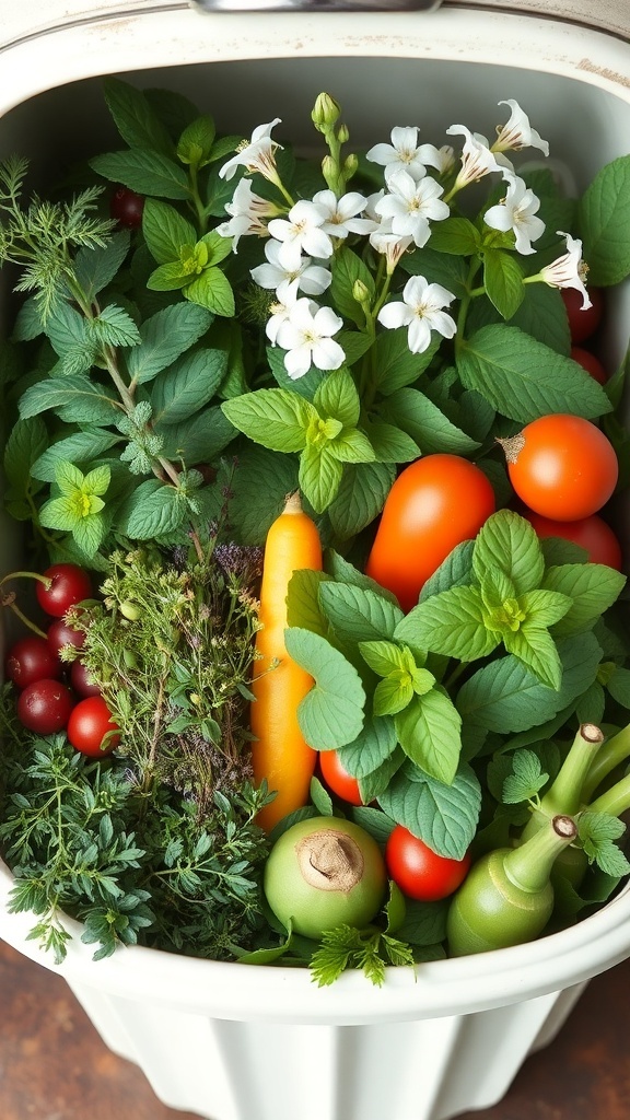 A pot filled with various herbs and vegetables, including mint, thyme, and colorful tomatoes.