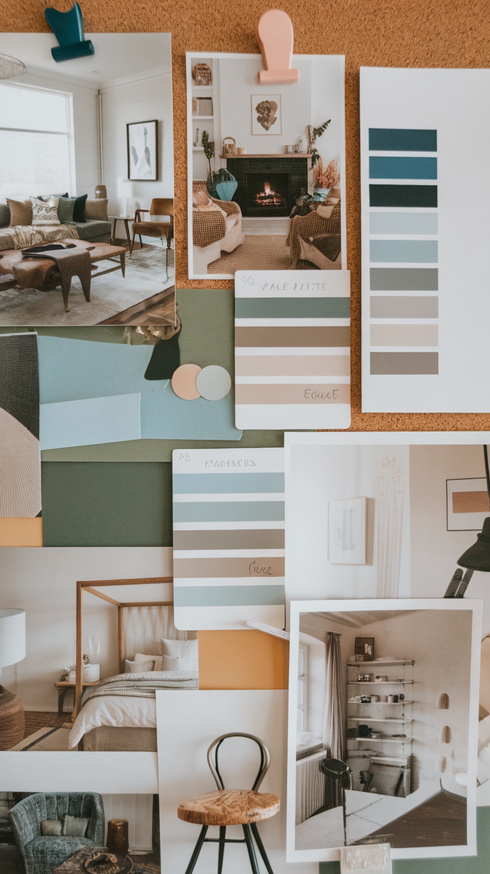 A vision board with photos of cozy living spaces and color palettes pinned to a corkboard.