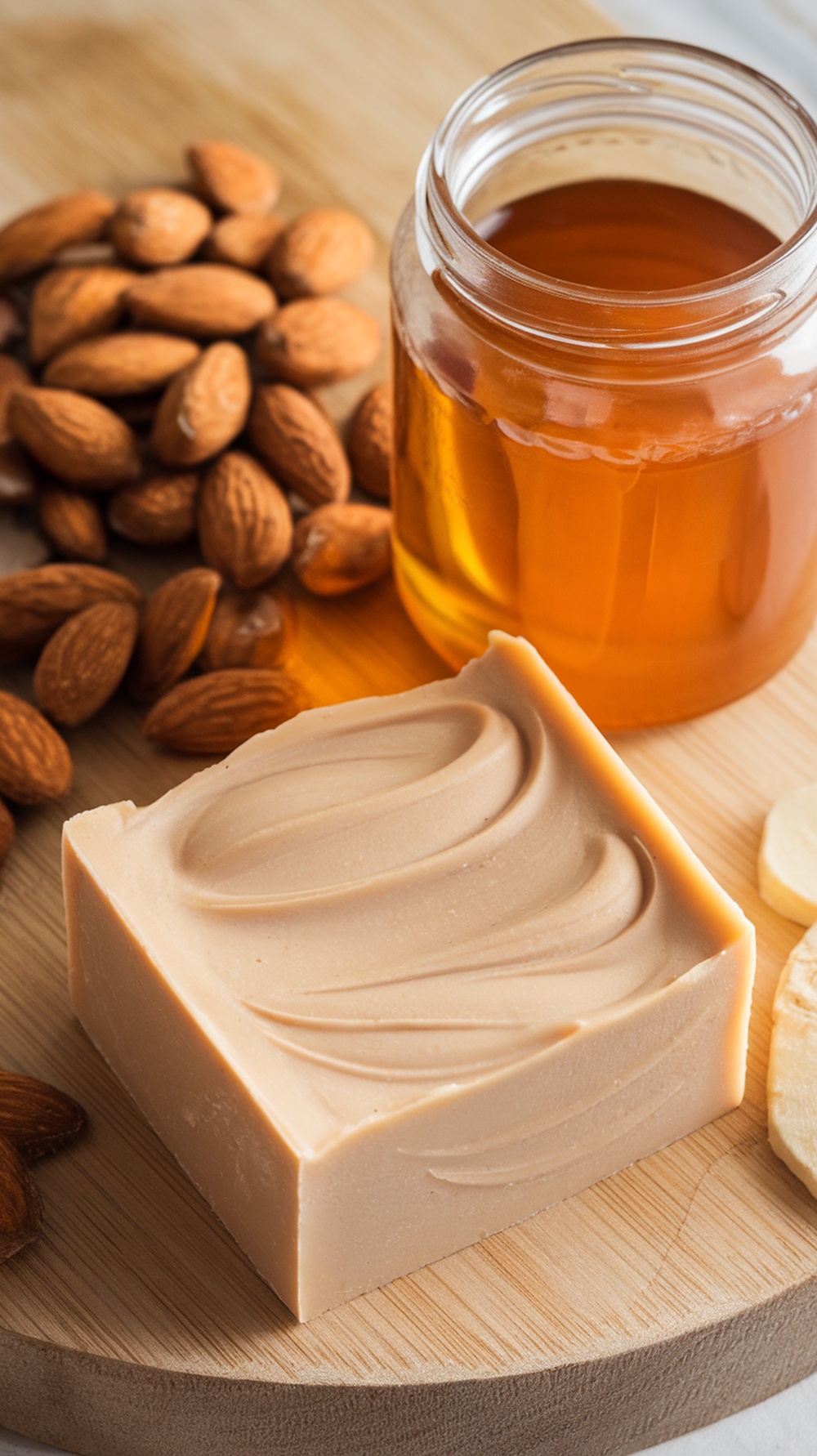 A bar of honey almond milk soap with almonds and honey jar