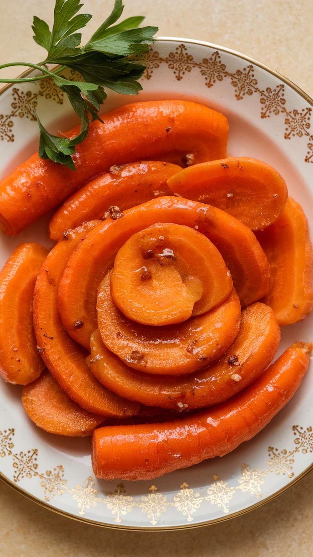 Honey garlic glazed carrots arranged in a spiral on a decorative plate, garnished with parsley.