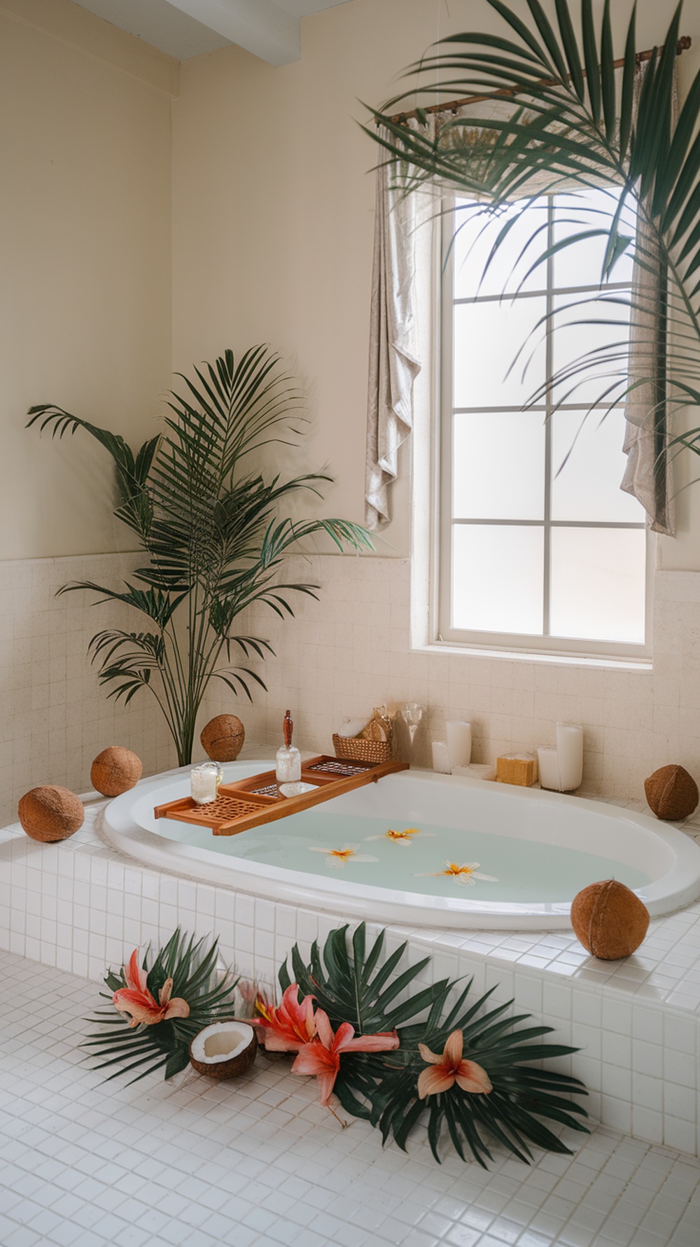 A serene bathroom with a cozy tub filled with water, coconut halves, flowers, and greenery, creating a relaxing atmosphere.