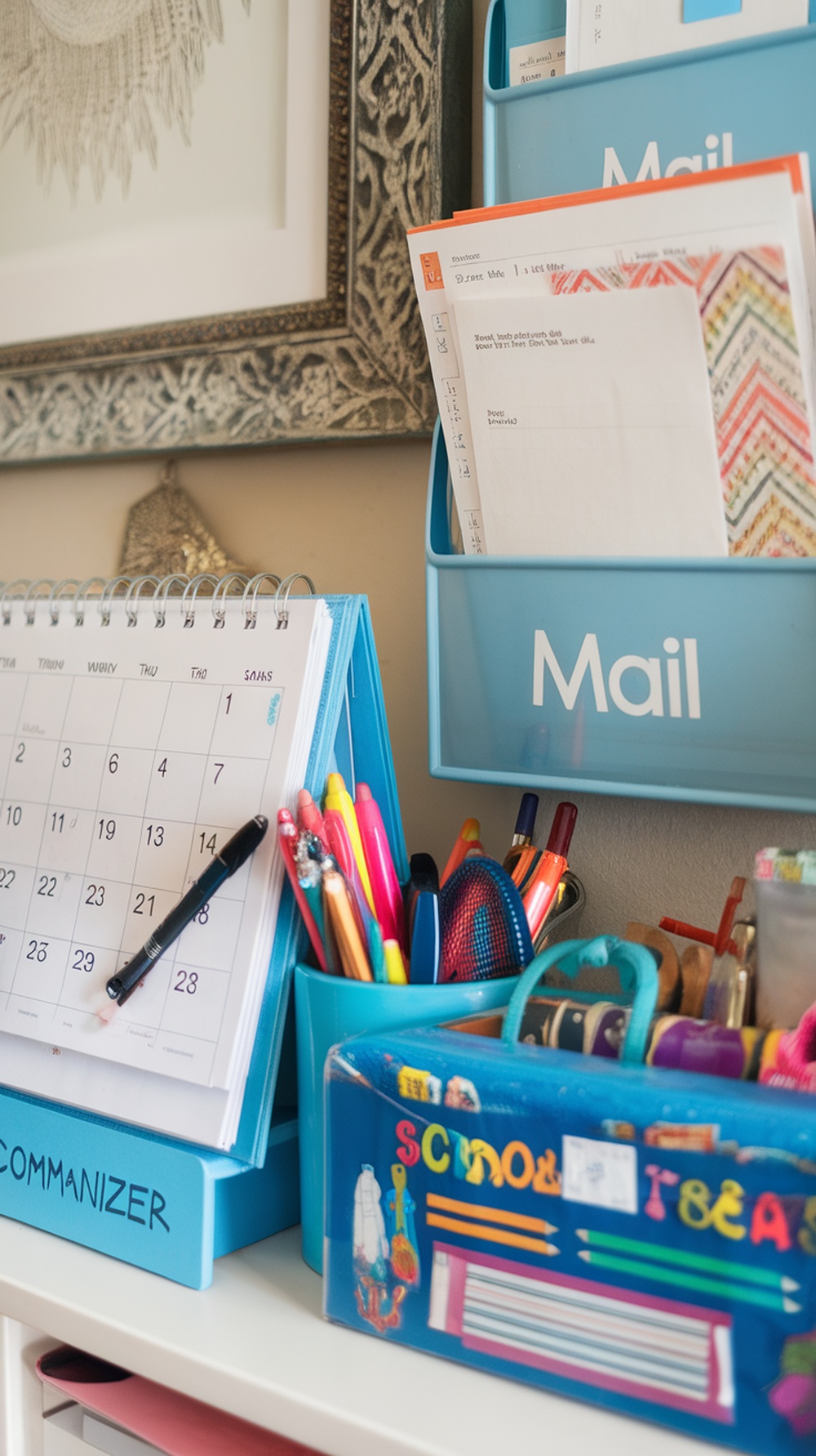 A family command center featuring a calendar, mail organizer, and assorted writing tools.