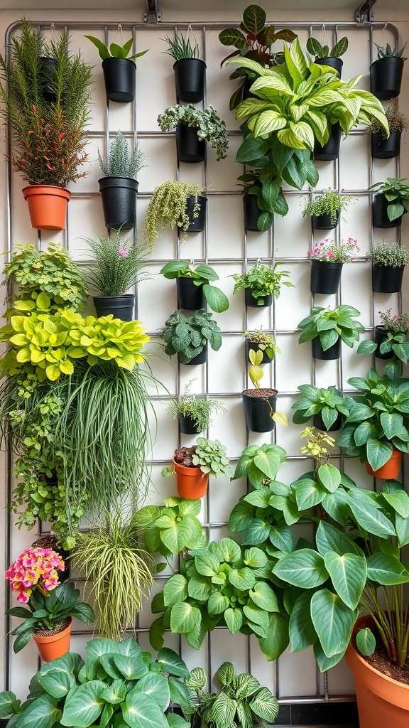 A vertical garden filled with various green plants on a wall.