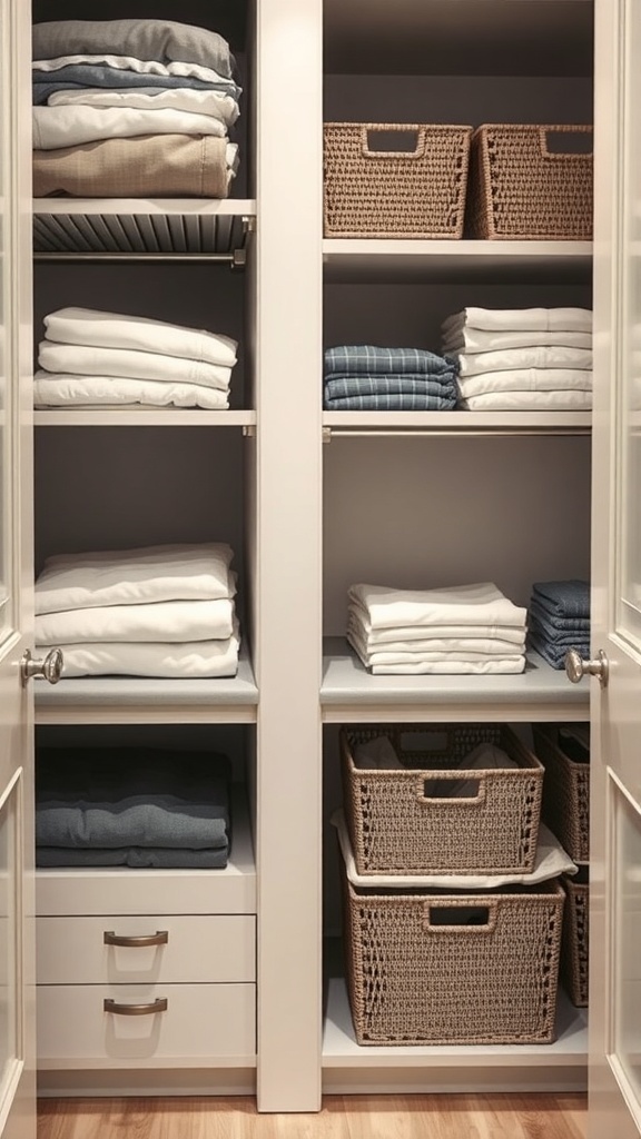 A well-organized closet with neatly folded clothes and woven baskets.