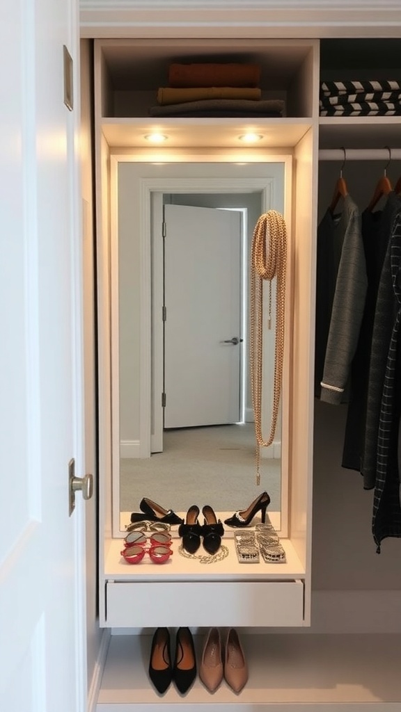 A closet featuring a mirror with storage, showcasing shoes, accessories, and neatly folded clothes.