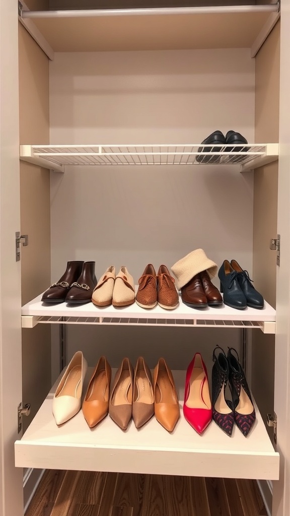 A pull-out shoe rack displaying various styles of shoes in a closet.
